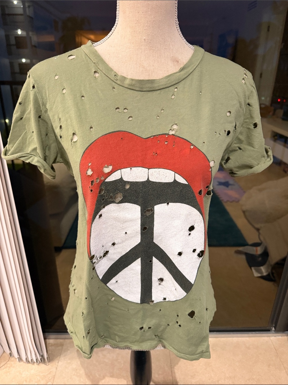 Lauren Moshi Distressed Olive Graphic Tee with Red Lip & Peace Sign